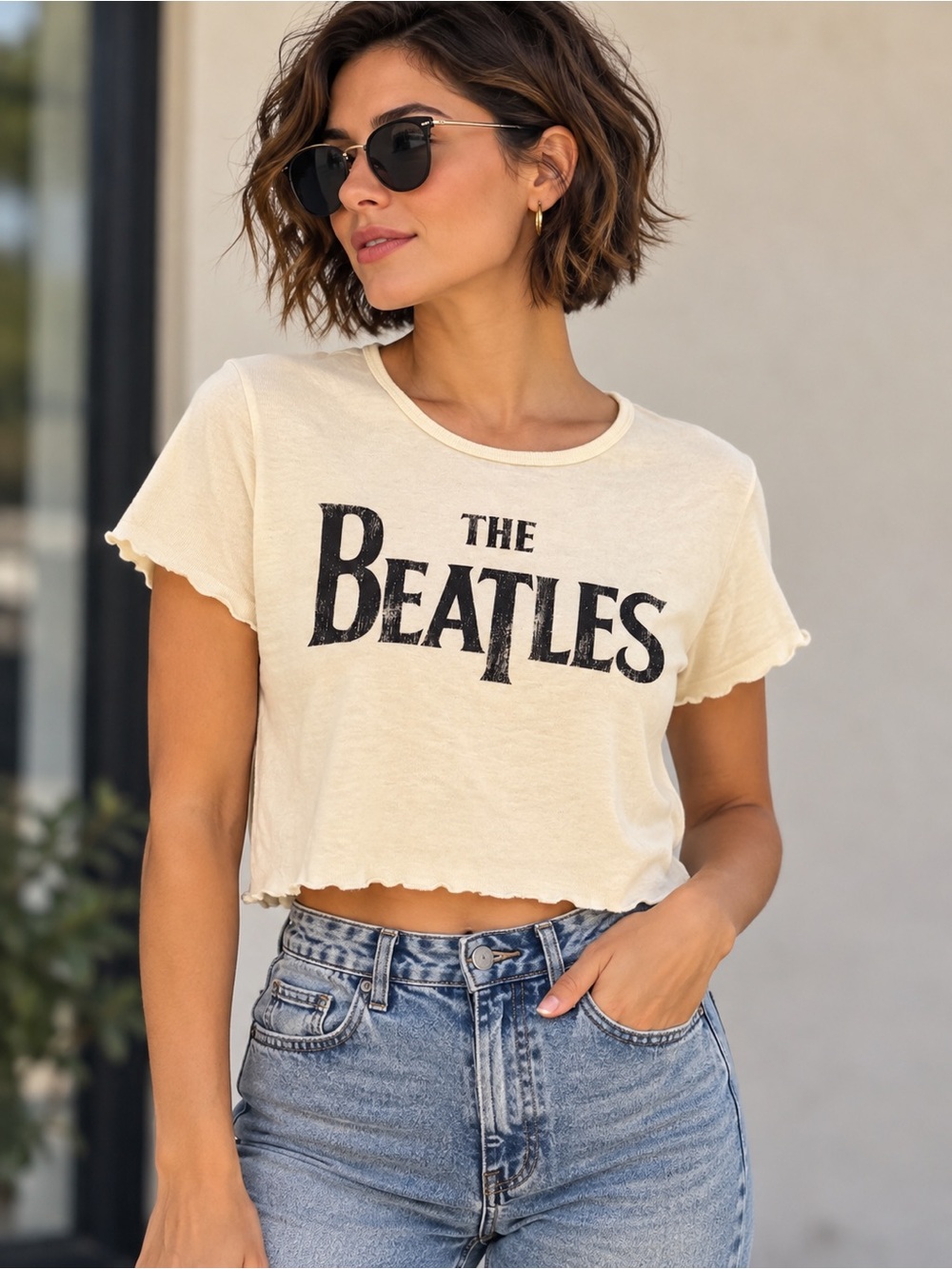 The Beatles Vintage-inspired Cream Cropped Graphic Tee size L